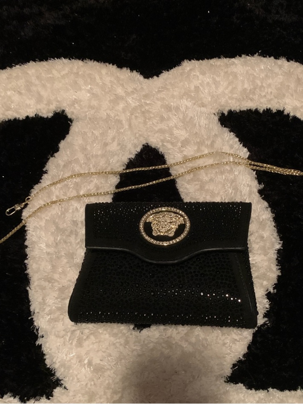 NEW! Versace Jeans Couture Black Crystal Envelope Evening with Gold Chain